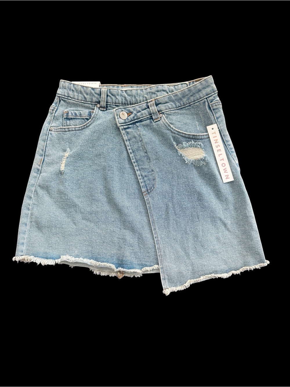 Tinseltown Light Wash Asymmetrical Denim Skirt Distressed Frayed Hem Size S. NWT